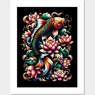 Koi fish and Lotus flower Posters and Art
